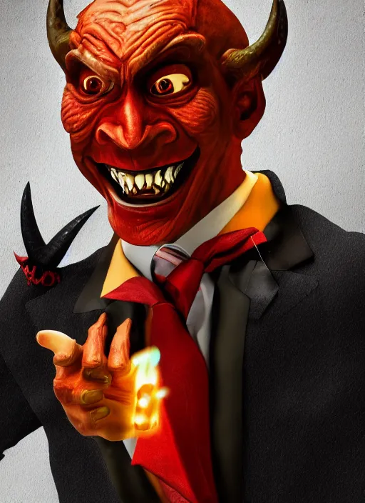 Prompt: a grinning devil dressed as an accountant, hellish, digital art, character portrait, high quality, 8 k, detailed,
