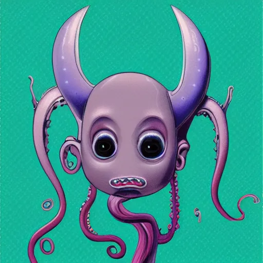 Image similar to character design of an adorable baby faced alien portrait with tentacles on the sides of it's mouth, blue, tiny horns