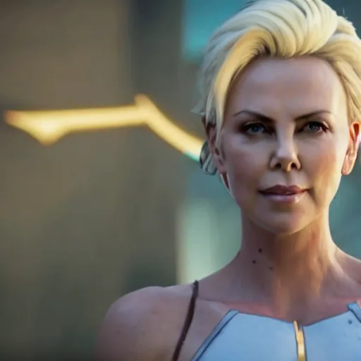 Image similar to film still of charlize theron as mercy in overwatch ( 2 0 2 3 )