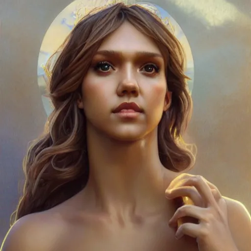 Image similar to jessica alba marble statue, cinematic lighting, fantasy, intricate, highly detailed, lifelike, photorealistic, digital painting, artstation, illustration, concept art, sharp focus, art by john collier and albert aublet and krenz cushart and artem demura and alphonse mucha