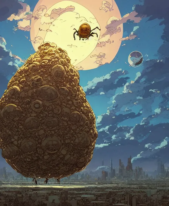 Image similar to rounded tower made from obese spider mollusks, in the style of a puffy spaceship, skeletons, partly cloudy, spooky, dramatic lighting, by geof darrow, bill sienkiewicz, dan mumford, yusuke murata, makoto shinkai, ross tran, cinematic, unreal engine, cel shaded, featured on artstation, pixiv