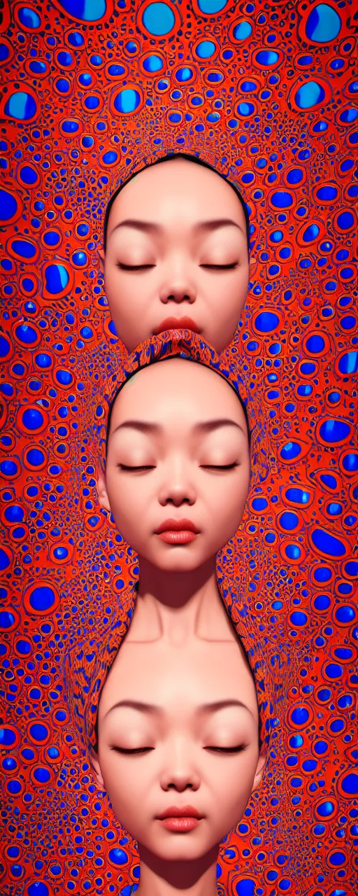 Image similar to realistic detailed image of a geisha laying down in a padded room, conjuring psychedelic background, part by yayoi kusama, part by alex gray, part by ross tran, part by james jean, ultra realistic, highly detailed, life like face, detailed body, 8 k, octane render, trending on artstation, very cohesive, masterpiece