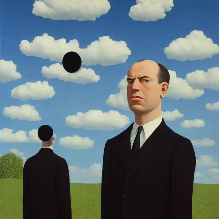 Image similar to portrait of a faceless shadow - head man in a suit, clouds in the background, by rene magritte, detailed painting, distance, centered, hd, hq, high resolution, high detail, 4 k, 8 k