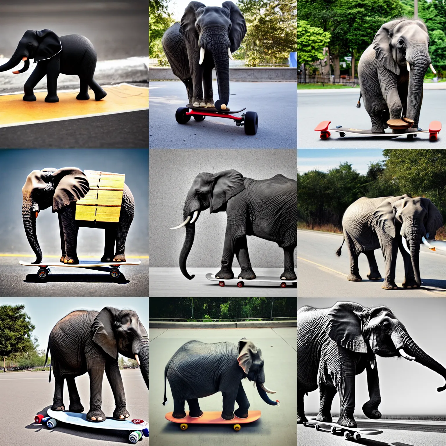 Prompt: an elephant on a skateboard