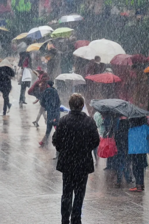 Prompt: the man is standing in the rain with a crowd of people bustling around him