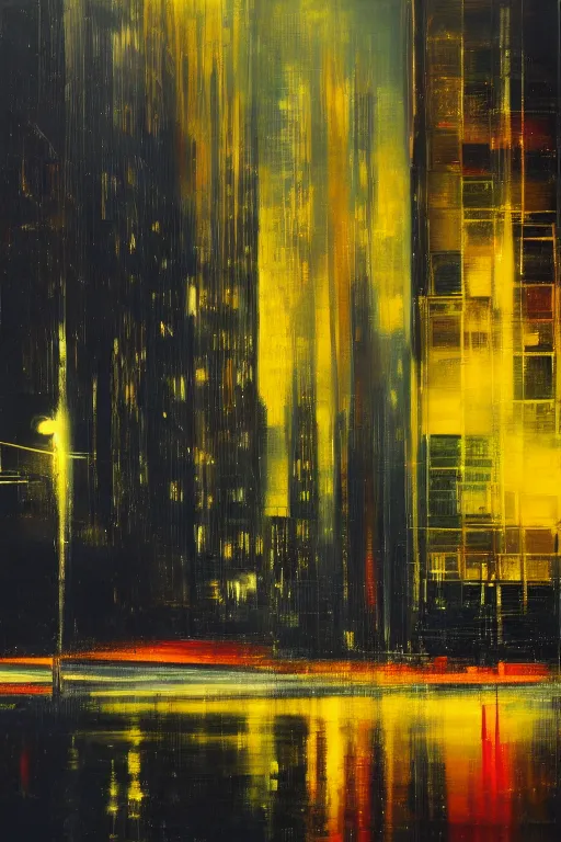 Prompt: an abstract picture of a city at night, an ultrafine detailed painting by gerhard richter, shutterstock contest winner, american scene painting, sharp focus, cityscape, oil on canvas, nightscape, 8 k