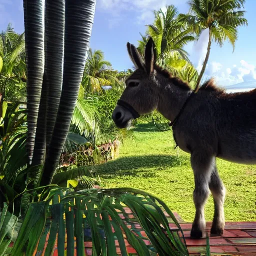 Prompt: donkey on a sunbed, tropical background