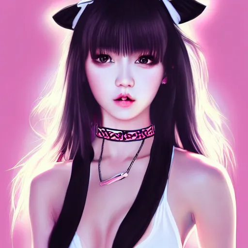 Prompt: realistic detailed semirealism beautiful gorgeous cute Blackpink Lalisa Manoban wearing white camisole white lingerie outfit maid costume, black hair black cat ears blue eyes, black leather choker full WLOP, Aztodio, Taejune Kim, Pixiv, Instagram, Artstation