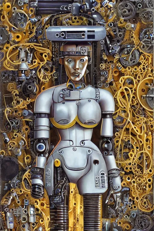 Image similar to a highly detailed retro futuristic female android with gears and other mechanical parts made out of pasta going for a walk outside, a robot made out of pasta, arms made out of spaghetti, eyes made out of macaroni, painting by Jim Burns and Julie Bell