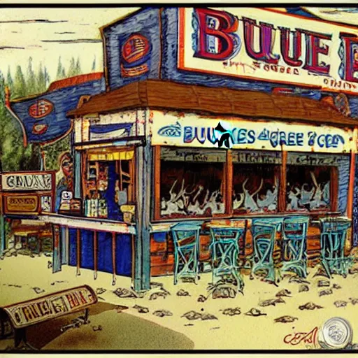 Image similar to the blue goose tavern. a big and famous roadside tavern. delicious fried pudding with sweet liquor is served here. fantasy art, high details