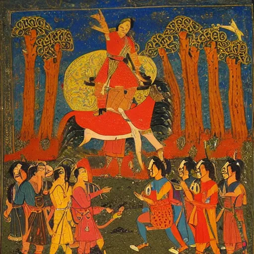 Prompt: woman warrior falls in battle and ascends to godhood. warriors watch in astonishment, mughal art painting by govardhan