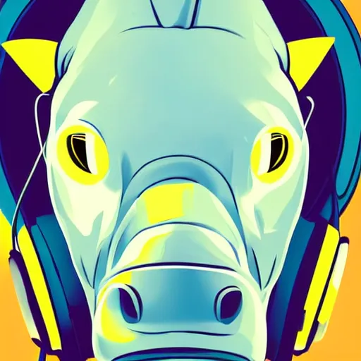 Prompt: a close up of a beautiful rhino wearing shades and headphones, in retro colors, synthwave style, 2 d digital vector art