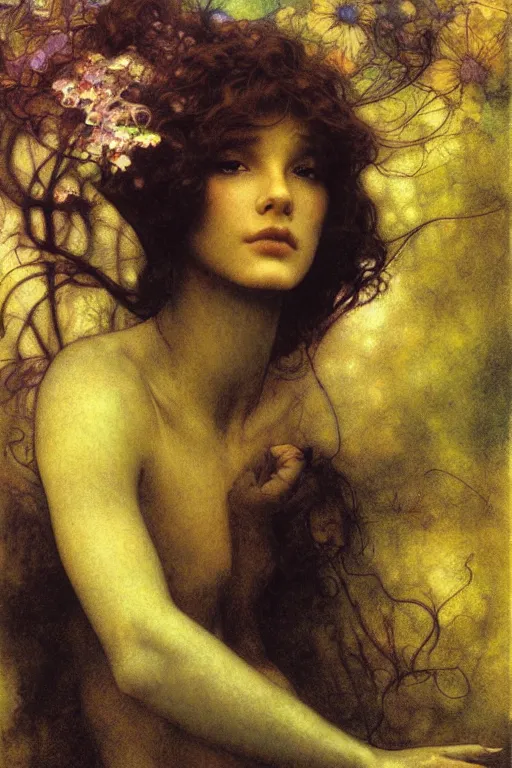 Prompt: headshot portrait of a beautiful faerie, golden ratio, detailed, rainbowshift, by maxfield parrish, john william waterhouse, brian froud