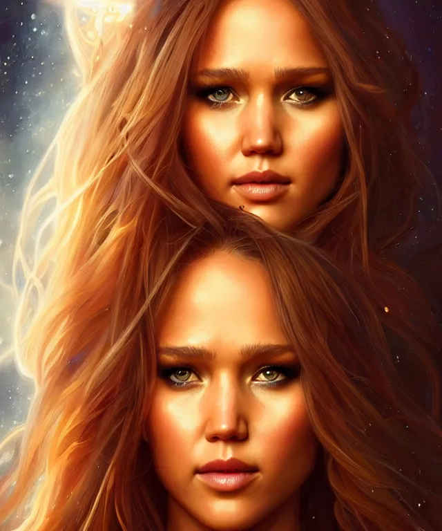 Image similar to half jessica Alba half Jennifer lawrence a fantasy magic woman portrait, sci-fi, amber eyes, face, long hair, fantasy, intricate, elegant, highly detailed, digital painting, artstation, concept art, smooth, sharp focus, illustration, art by artgerm and greg rutkowski and alphonse mucha