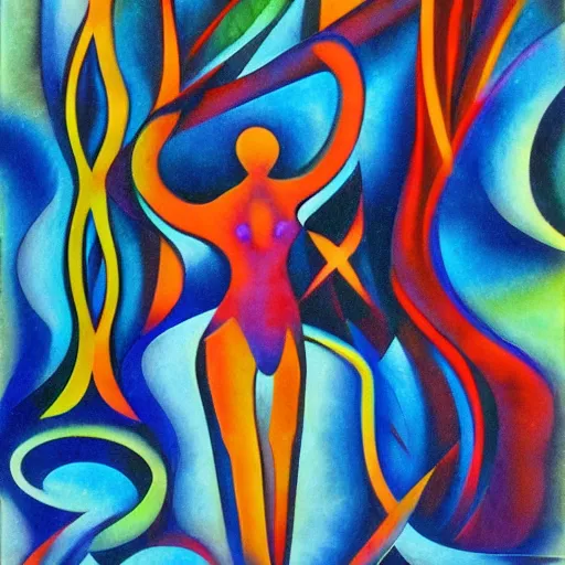 Image similar to woman dances by a river to the rhythm of the water and the wind blows in the trees, abstract art in the style of cubism and Georgia o keefe,