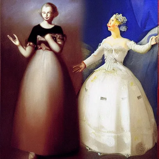 Image similar to very very beautiful surreal painting of hillary clinton wearing jewels and a white christian dior dress, painted by francisco goya