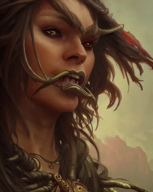 Image similar to a female orc pirate captain, fantasy character portrait, moody weather, ultra realistic, intricate, elegant, highly detailed, digital painting, artstaion, smooth, sharp, focus, illustration, art by artgerm and greg rutkowski and alphonse mucha