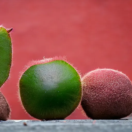 Prompt: photo giant kiwi fruit standing on red square