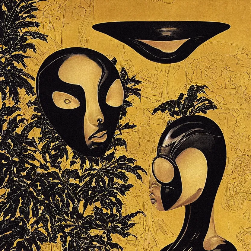 Image similar to a black reflective alien geisha mask by h. r. geiger, pulp science fiction art for omni magazine. decorated with ornate filigree and foliage. high contrast. baroque period, oil on canvas. renaissance masterpiece.