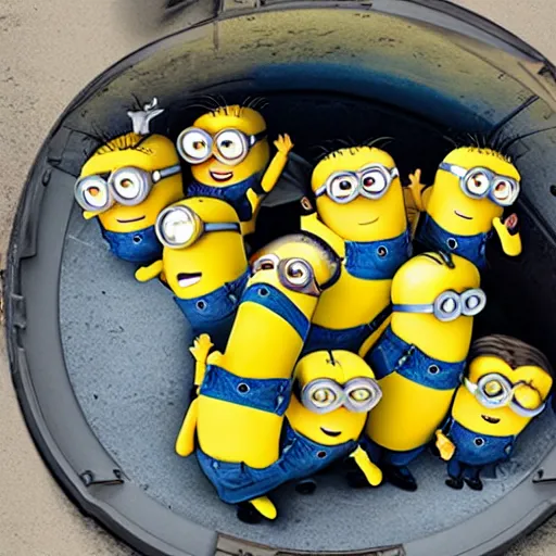 Image similar to photograph of several minions from despicable me being compacted by a trash compactor