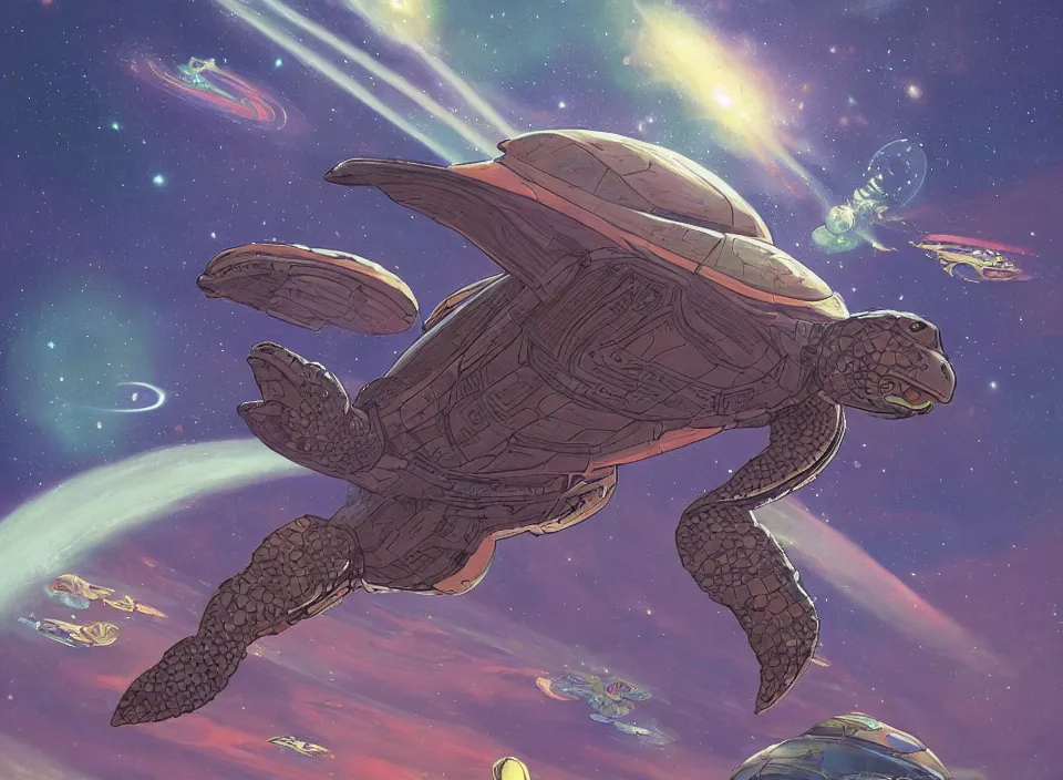 Prompt: a beautiful epic painting of giant turtle spaceship flying through space in the style of Moebius and Pascal Blanché