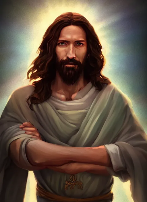 Image similar to A fantasy comic book style portrait painting of Jesus Christ as a Mage, unreal 5, DAZ, hyperrealistic, octane render, RPG portrait, dynamic lighting