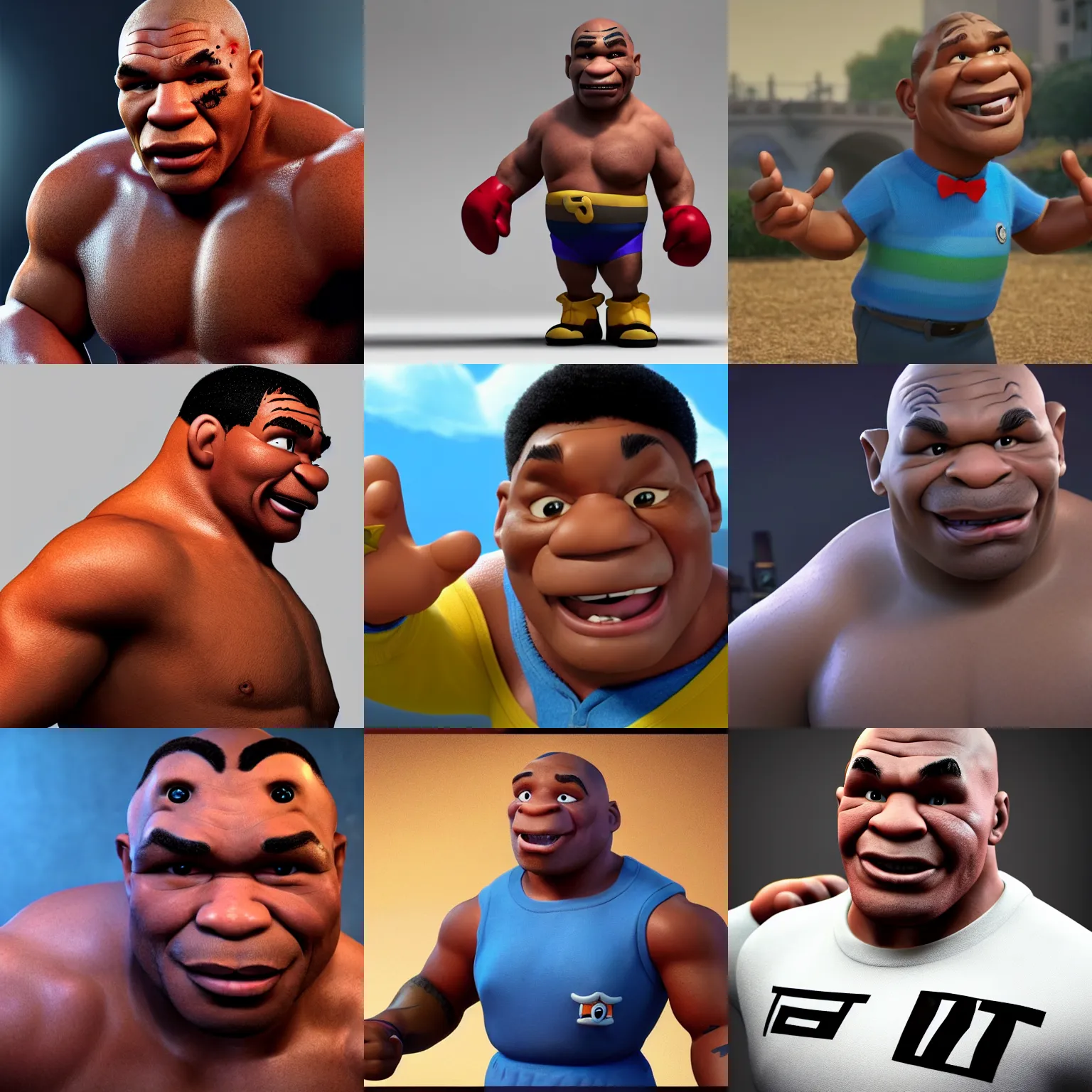 Prompt: crazy mike tyson as a pixar disney character from up ( 2 0 0 9 ), unreal engine, octane render, 3 d render, photorealistic