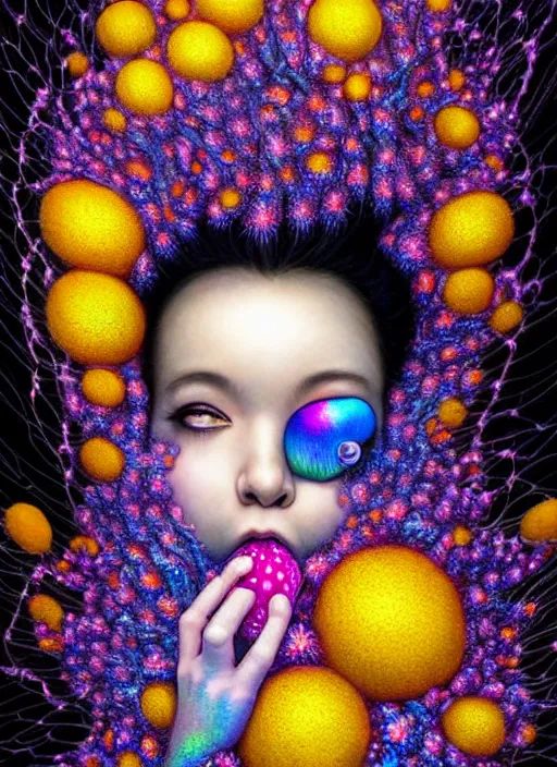 Image similar to hyper detailed 3d render like a Oil painting - kawaii portrait Aurora (black haired Fae acrobat) seen Eating of the Strangling network of yellowcake aerochrome and milky Fruit and Her delicate Hands hold of gossamer polyp blossoms bring iridescent fungal flowers whose spores black the foolish stars by Jacek Yerka, Mariusz Lewandowski, Houdini algorithmic generative render, Abstract brush strokes, Masterpiece, Edward Hopper and James Gilleard, Zdzislaw Beksinski, Mark Ryden, Wolfgang Lettl, hints of Yayoi Kasuma, octane render, 8k