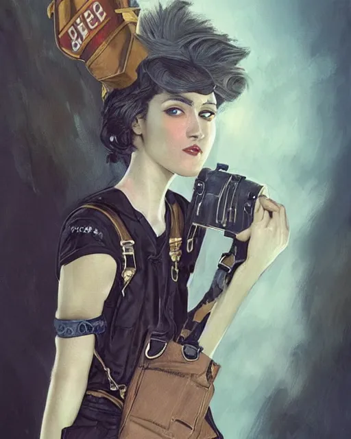 Prompt: a full body portrait beautiful androgynous punk girl with short hair and beautiful eyes, beautiful face, who is a mechanic wearing overalls carrying a bag, digital concept art, detailed digital painting, ornate decorative background, very aesthetic!!!!!!, by j. c. leyendecker and edward blair leighton and charlie bowater, trending on artstation