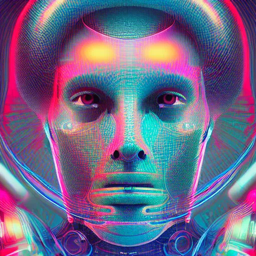 Prompt: portrait of artificial intelligence chromatic suit by Petros Afshar and Beeple, highly detailed