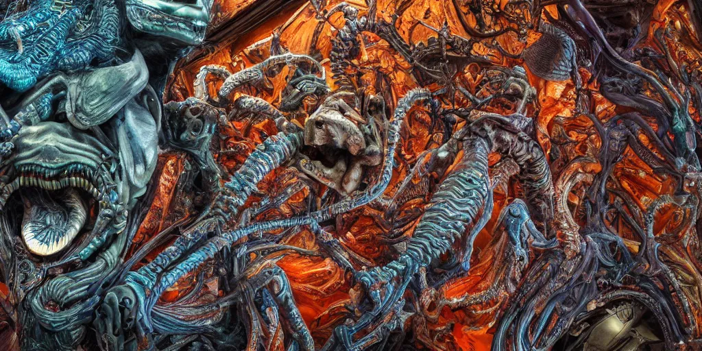 Image similar to dreamscape, giger, vivid colors, colorful, anatomical, highly detailed sculpture, intricate detailed, ommatidia, 8 k, cinematic atmosphere, post - processing