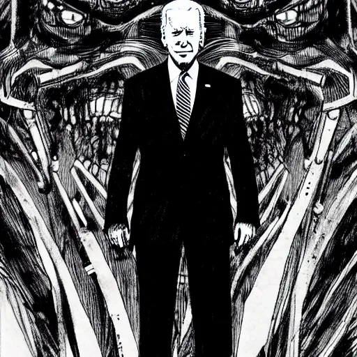 Image similar to Joe Biden standing with his arms crossed looking sinister, by Tsutomu Nihei, highly detailed