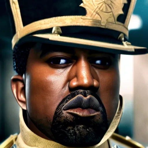 Prompt: kanye west as muammar kadhafi as emperor napoleon in fallout new vegas, splash art, movie still, detailed face, cinematic lighting, dramatic, octane render, long lens, shallow depth of field, bokeh, anamorphic lens flare, 8 k, hyper detailed, 3 5 mm film grain