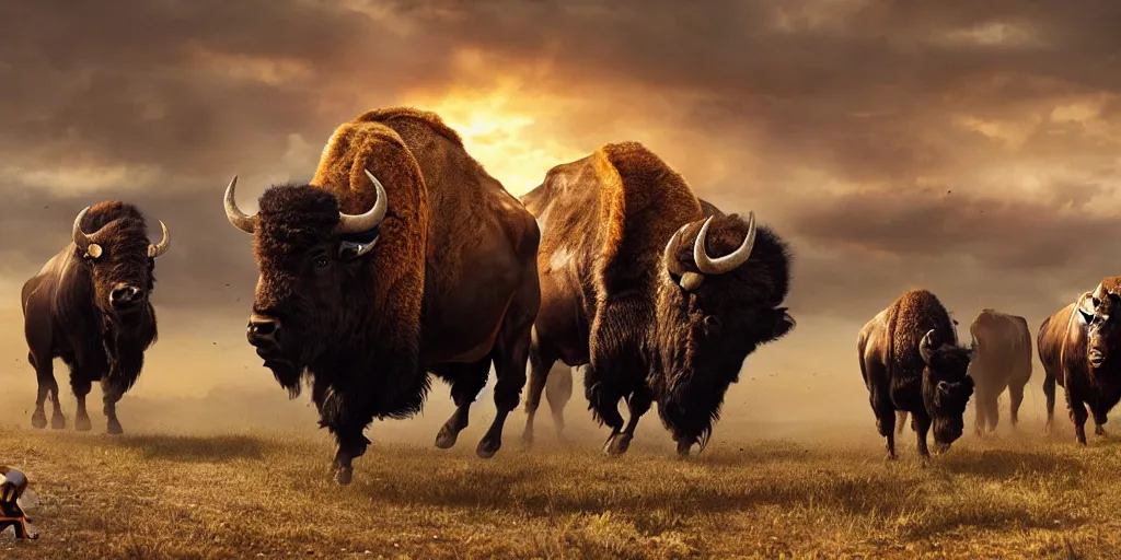 Prompt: indian on one wheel, bison herd, chase scene, epic composition, dramatic lighting, cinematic, establishing shot, extremely high detail, photorealistic, cinematic lighting, artstation, octane render, old photo, buffalo hunt movie, alpha movie, western, ultra sharp, clean symmetrical faces, high detail, intricate,hypermaximalist,hyper realism