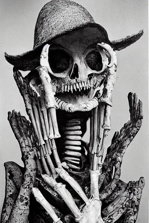 Prompt: a portrait of an alien Queen with wearing a hat made out of bones, hyperrealistic photograph by Max Ernst