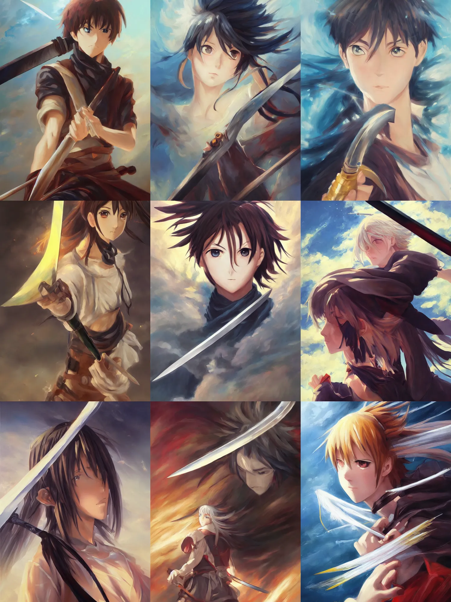 Prompt: classical oil painting of an anime sword, wind, energy, fantasy, trending on artstation, stylistic, brush strokes, oil, canvas, beautiful portrait, by kawacy and makoto shinkai, anime portrait, official anime artwork