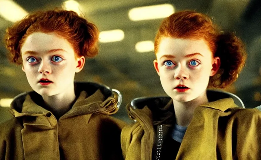 Prompt: sadie sink with spiky short hair in oversized man's coat : a still from a scifi soviet cyberpunk film from 1 9 8 0 s. by steven spielberg and james cameron. 6 5 mm low grain film stock. sharp focus, realistic facial expression, perfect anatomy, cinematic atmosphere, detailed and intricate environment, trending on artstation