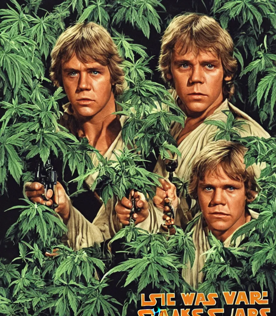 Image similar to vintage 1 9 7 7 star wars episode iv a new hope movie poster, of luke skywalker with bloodshot eyes smoking a huge blunt, surrounded by cannabis plants