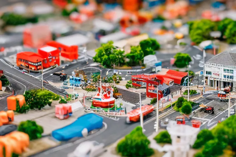 Prompt: miniature town made of sushi, tilt shift photography, diorama picture, 5 5 mm