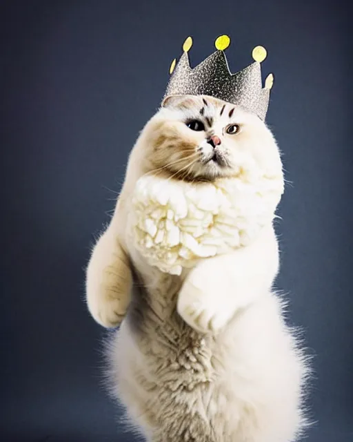 Image similar to Fluffy fat cat standing on two legs, wearing a crown, looking indignantly at the half-empty food bowl presented before her. Award-winning photograph, trending, funny, heartwarming