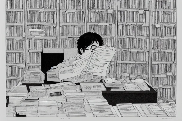 Image similar to a student reading all the human knowledge made to date with papers going towards the horizon, katsuhiro otomo