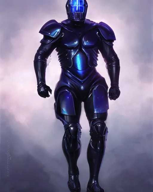 Image similar to muscled character concept of iridescent sinewy smooth muscular male sleek glossy indigo black pearlescent scifi armor with continuous smooth black featureless helmet, by greg rutkowski, mark brookes, jim burns, tom bagshaw, magali villeneuve, trending on artstation