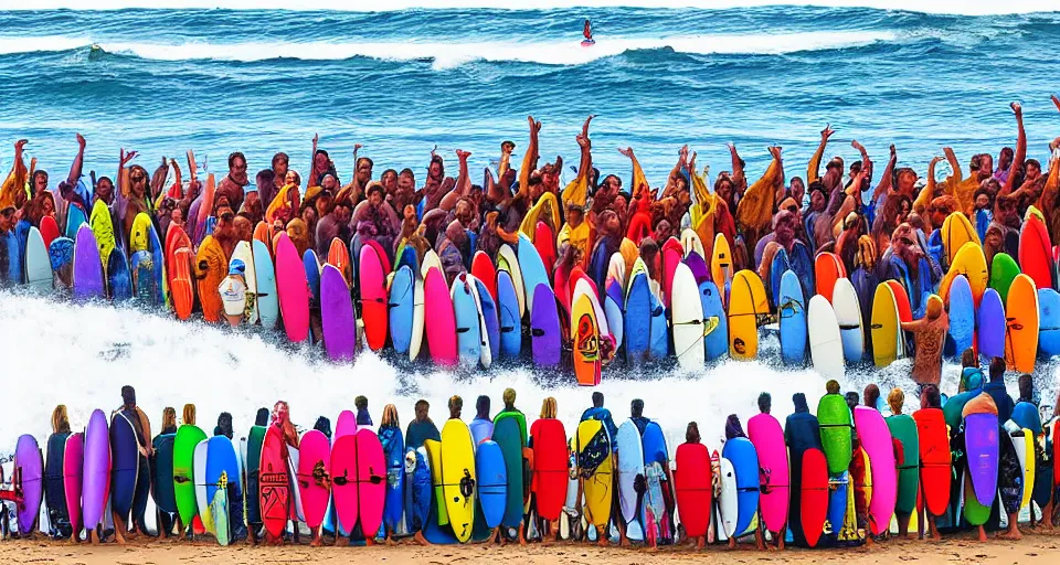 Prompt: worshippers in robes belonging to the cult of the surfers, surfing in waves, standing on surfboards, surfing inside one large barreled wave, high detailed colors, blue