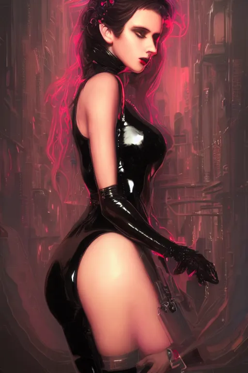 Prompt: Portrait of beautiful pale cyberpunk gothic girl in black latex, neon lighting, intricate, elegant, highly detailed, digital painting, artstation, concept art, smooth, sharp focus, illustration, art by artgerm and greg rutkowski and alphonse mucha