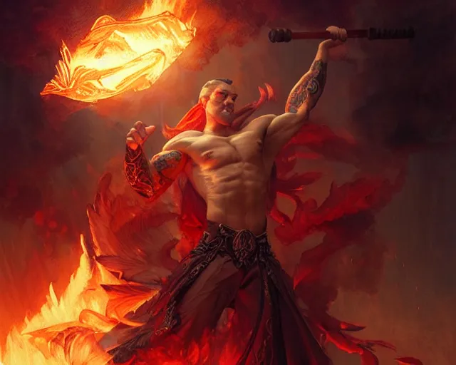 Image similar to handsome tattooed gym fire mage firebreath magic spell vfx, diagonal spell vfx, fantasy game spell, fantasy epic painting by artgerm, gaston bussiere, craig mullins, j. c. leyendecker, tom of finland