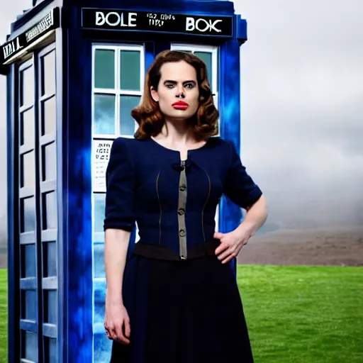 Image similar to a beautiful full body photograph of hayley atwell dressed as ( ( doctor who ) ) standing in front of the tardis, symmetrical face, extreme realism and detail, 8 k, completely framed, direct lighting, 3 5 mm photo, photorealistic, sharp focus