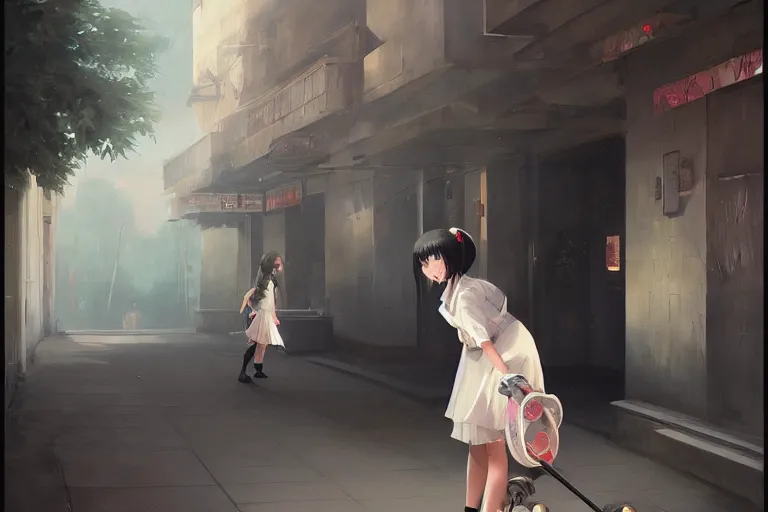 Image similar to A ultradetailed beautiful panting of a stylish woman in a maid outfit skateboarding, Oil painting, by Ilya Kuvshinov, Greg Rutkowski and Makoto Shinkai