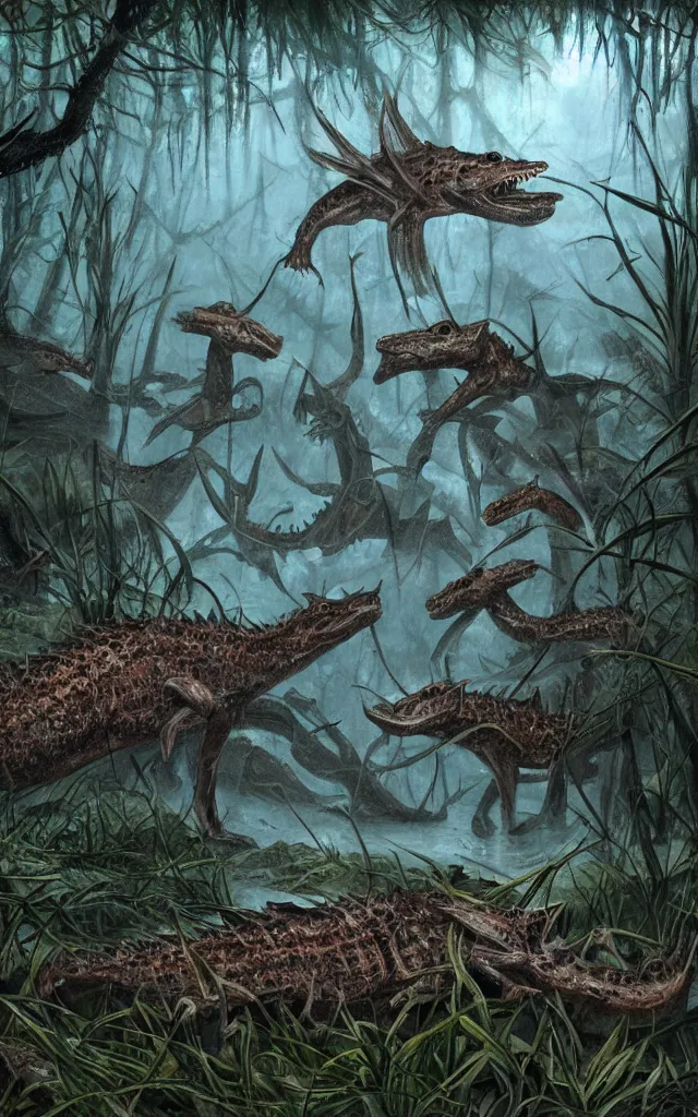 Image similar to lot of diplocaulus and hallucigenias living in a swamp, photorealistic, highlydetailed, paleoart