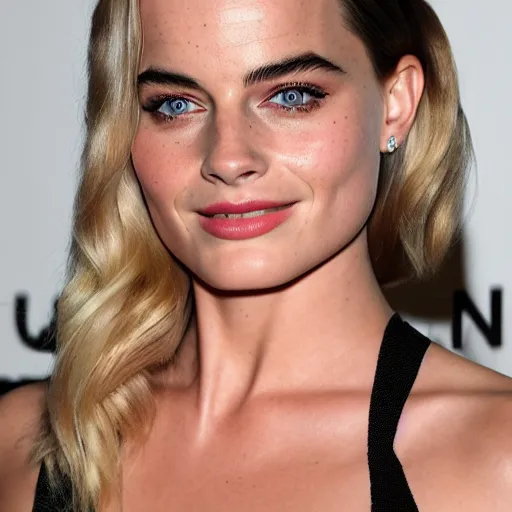 Image similar to a woman who is a genetic combination of margot robbie and emma watson face and upper - body focus