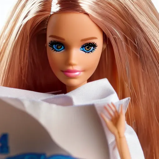 Image similar to a barbie doll with an exhausted!!!! expression sits at a desk with several large stacks of paper on it. her head is resting on her hand. golden hour, photorealistic,